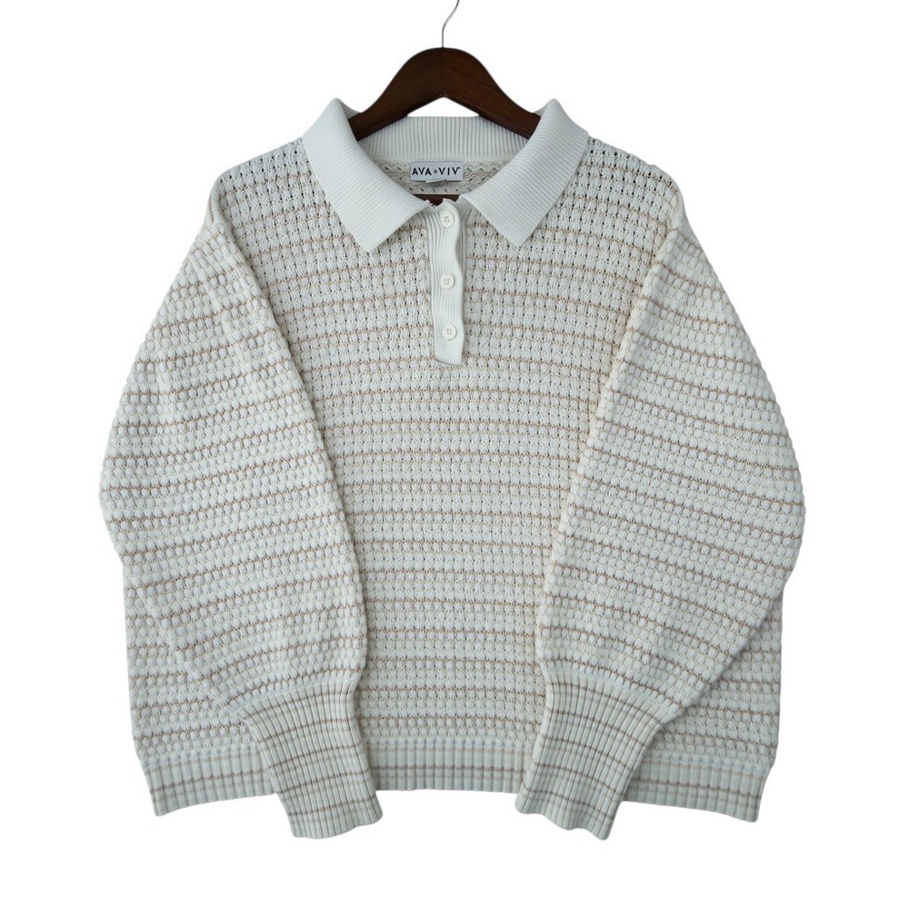Ava & Viv Polo Sweater Womens 2X Cotton Blend Textured Knit Striped Cream Tan